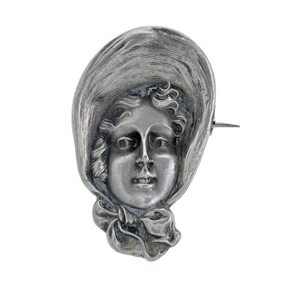 Unger Brothers Sterling Silver 925 Art Nouveau Repousse Gibson Girl Pin Brooch - Picture 1 of 4